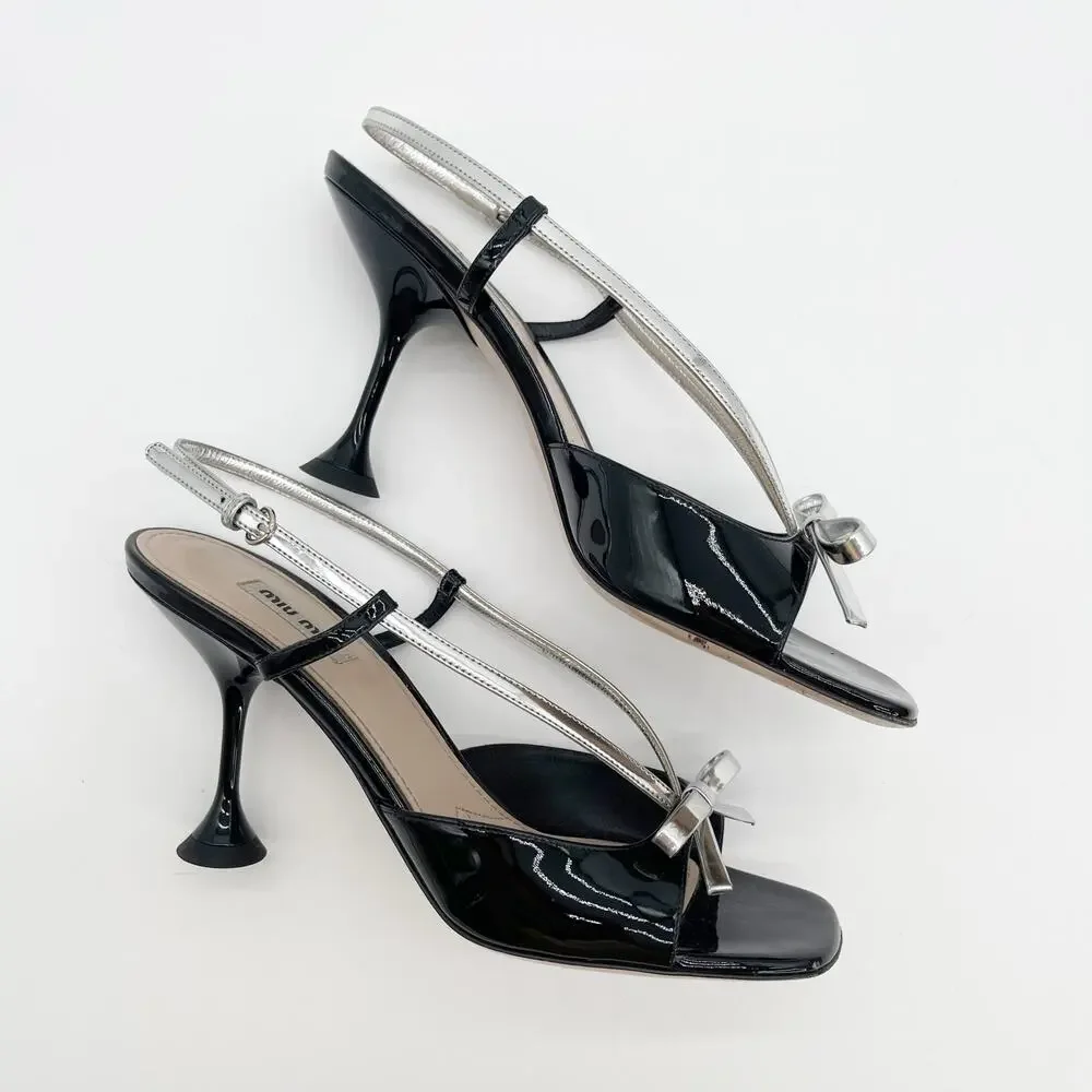 Miu Miu Black Patent Leather Silver Bow Slingback Heeled Sandal Heels IT 40